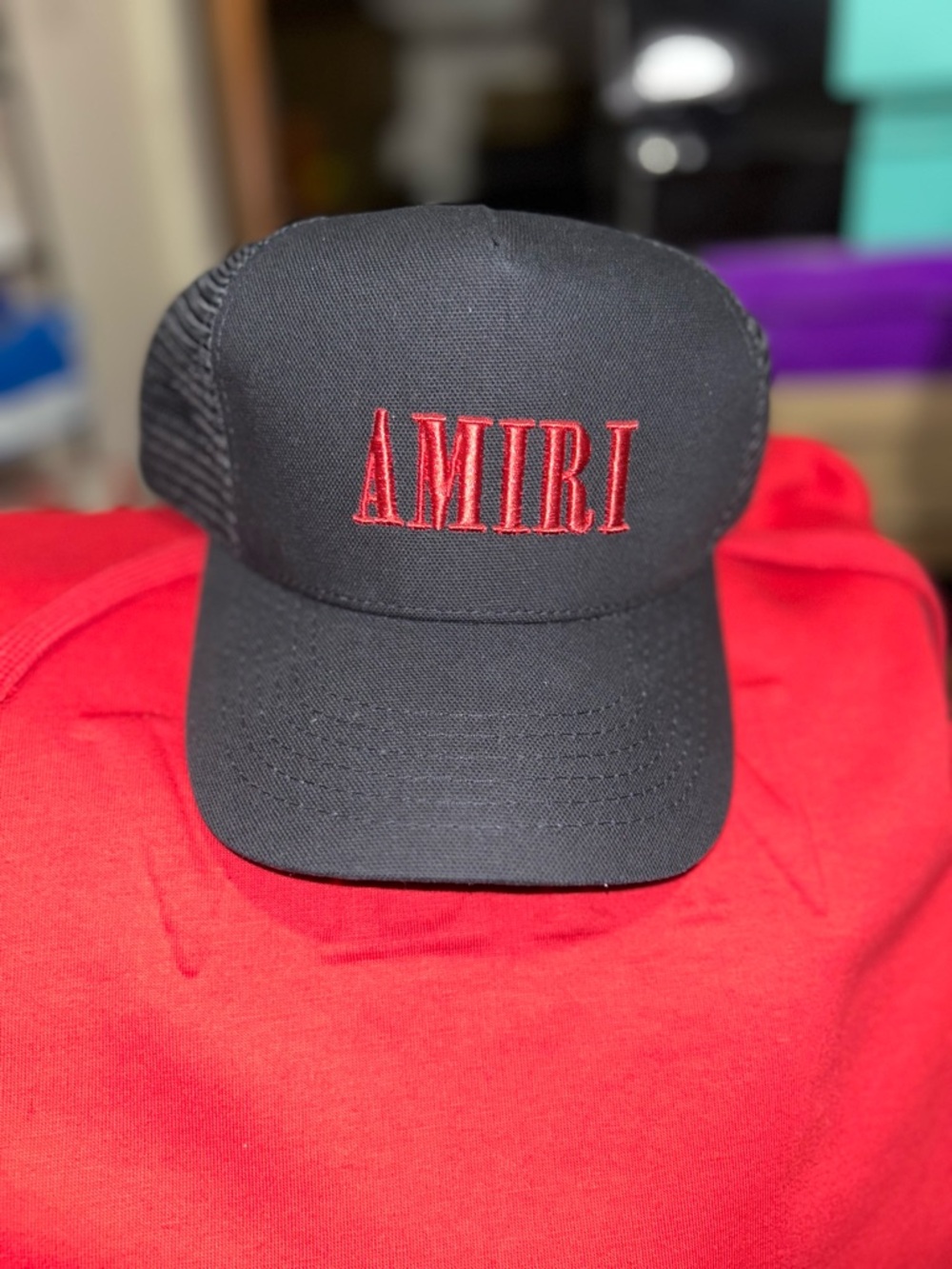 AMIRI Black Mesh Trucker Hat with Red Logo Embroidery